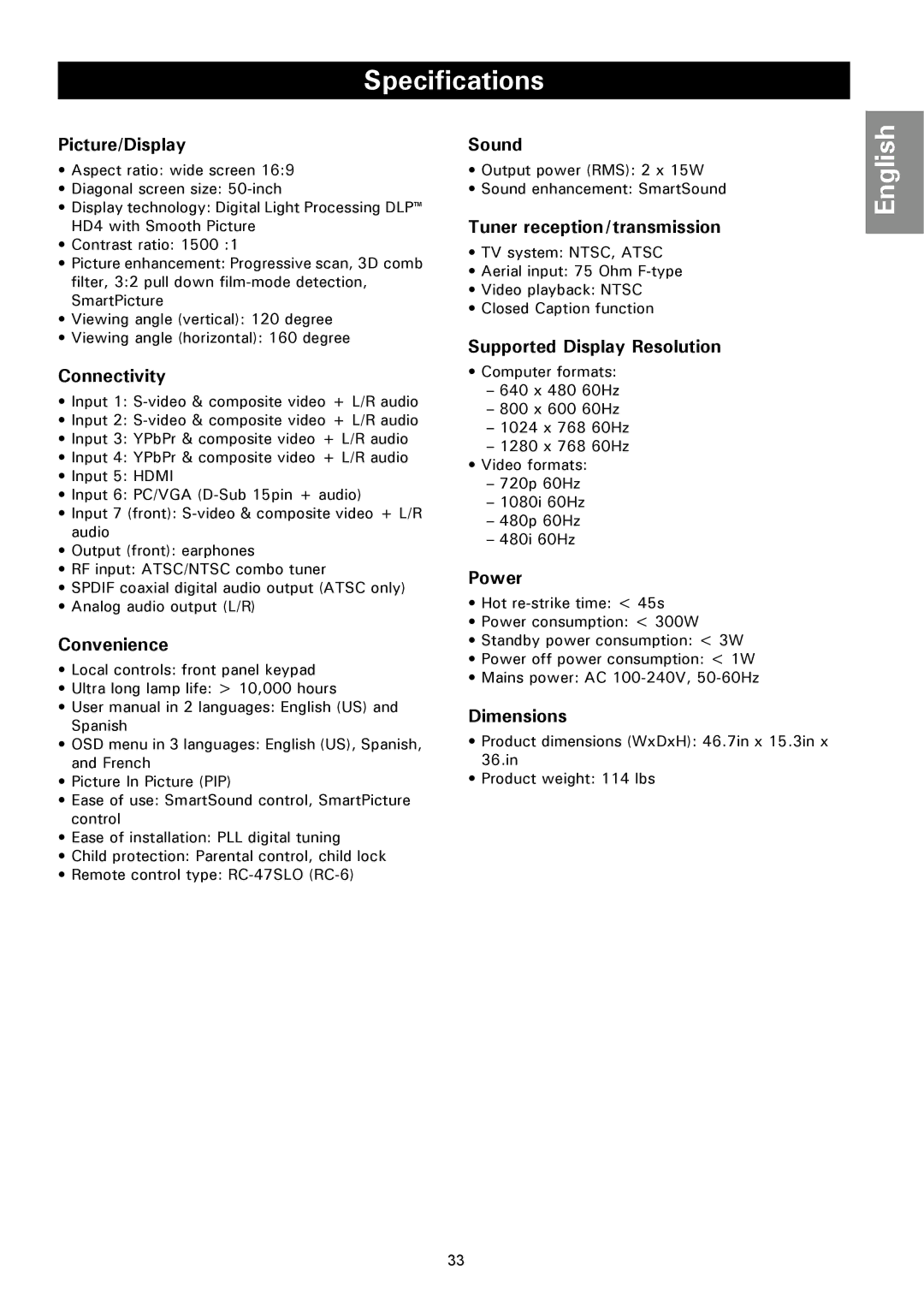 Magnavox 50ML8105D/17 owner manual Specifications, Picture/Display 