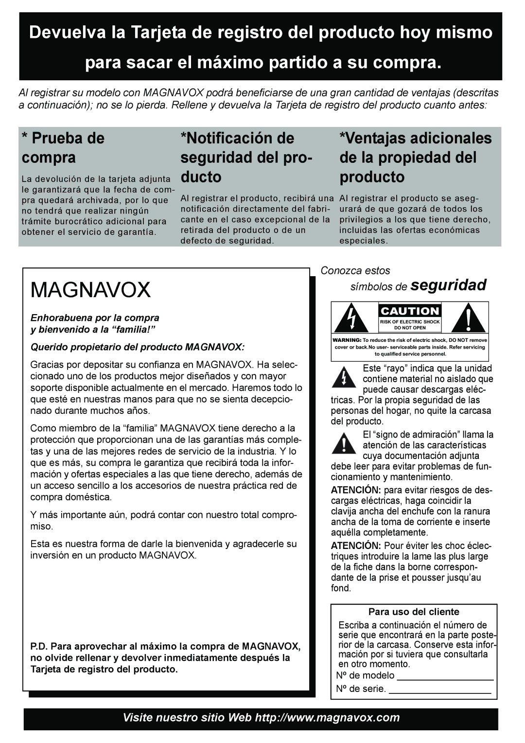 Magnavox 50ML8105D/17 owner manual Ducto Producto 