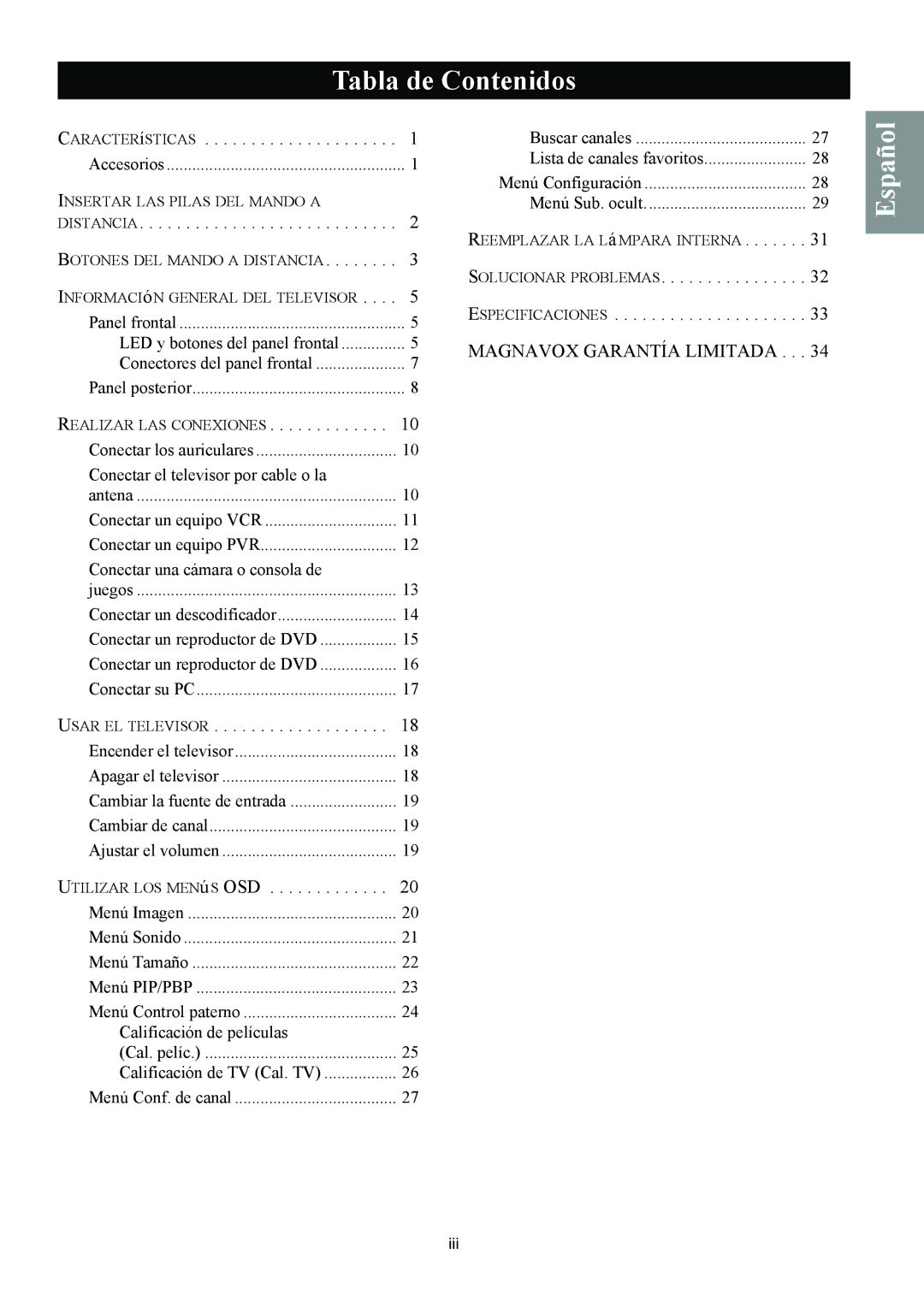 Magnavox 50ML8105D/17 owner manual Tabla de Contenidos, Distancia 