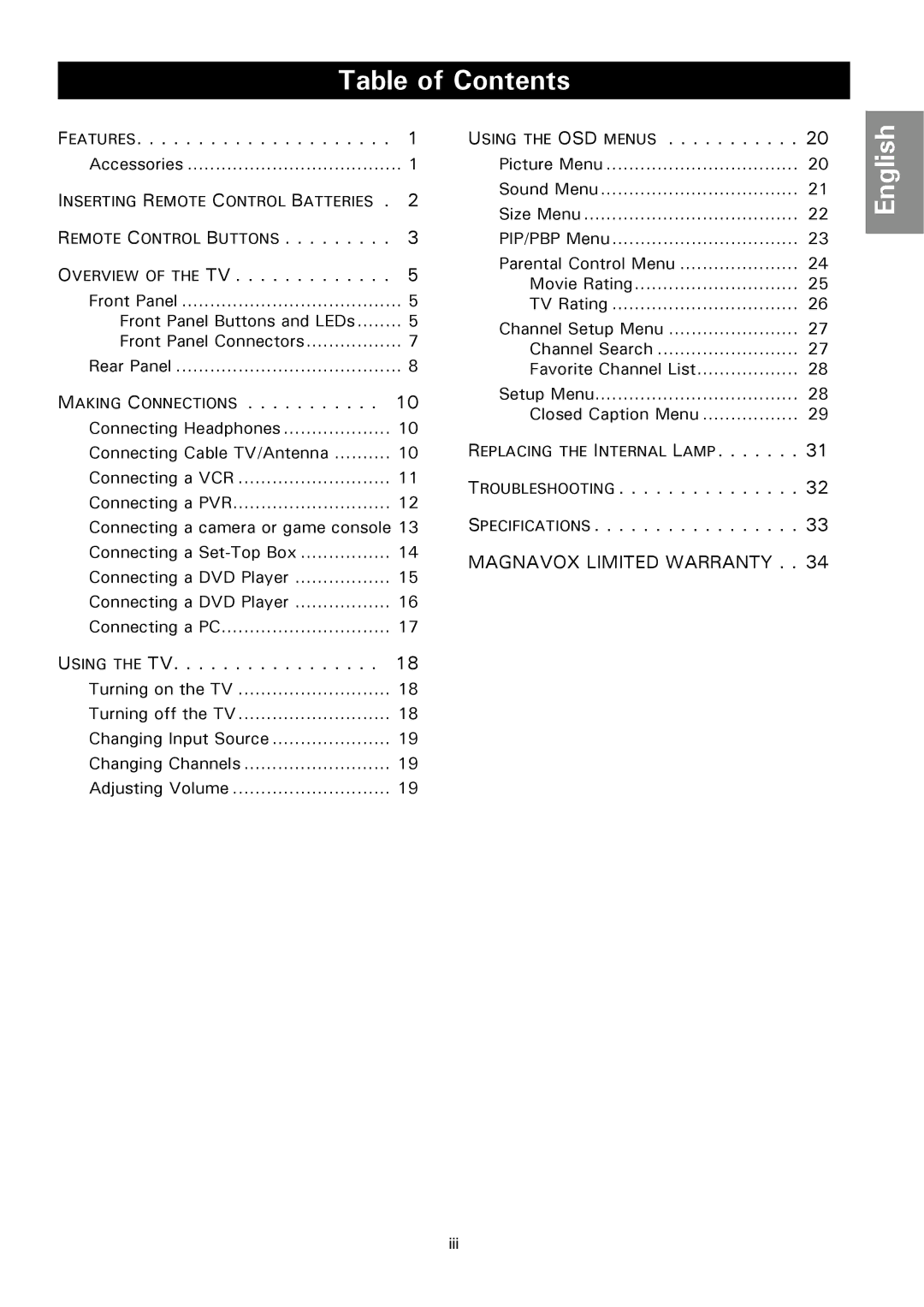 Magnavox 50ML8105D/17 owner manual Table of Contents 