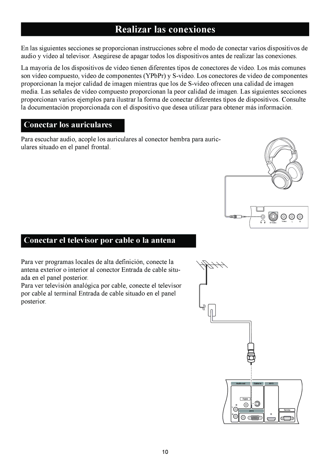 Magnavox 50ML8105D/17 Realizar las conexiones, Conectar los auriculares, Conectar el televisor por cable o la antena 
