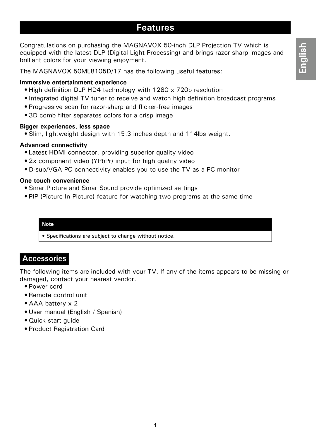 Magnavox 50ML8105D/17 owner manual Features, Accessories 