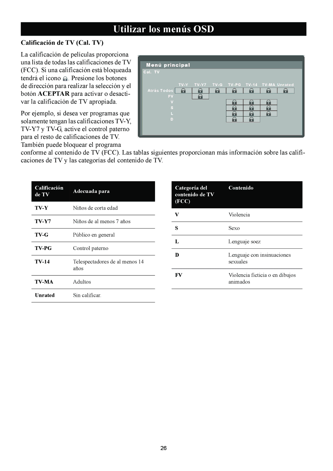 Magnavox 50ML8105D/17 owner manual Calificación de TV Cal. TV, TV-14, Unrated 