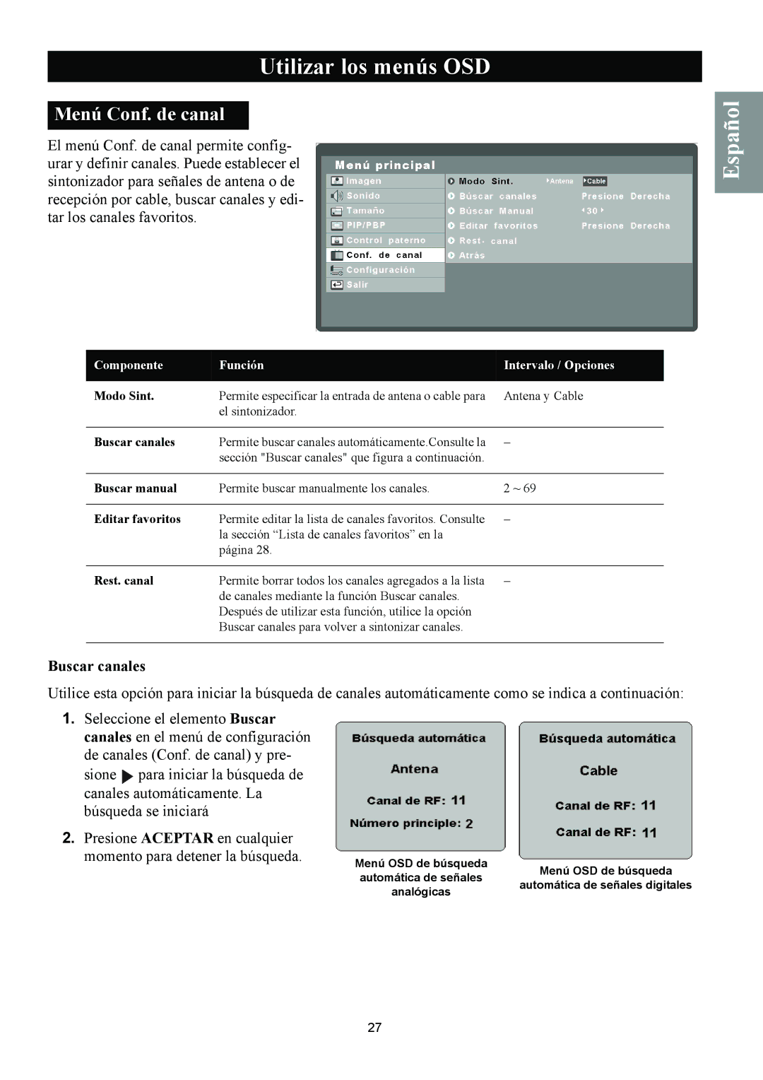 Magnavox 50ML8105D/17 owner manual Menú Conf. de canal, Buscar canales, Momento para detener la búsqueda 