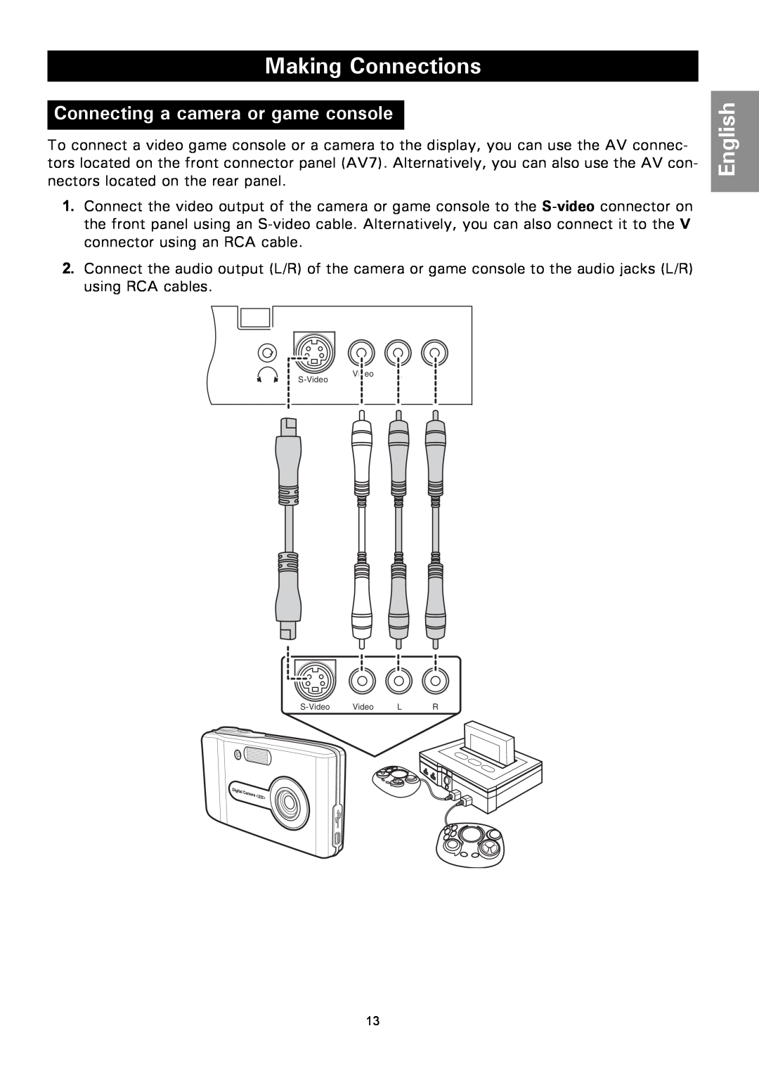 Magnavox 50ML8105D/17 owner manual Connecting a camera or game console, Making Connections, English, S-Video Video L R 