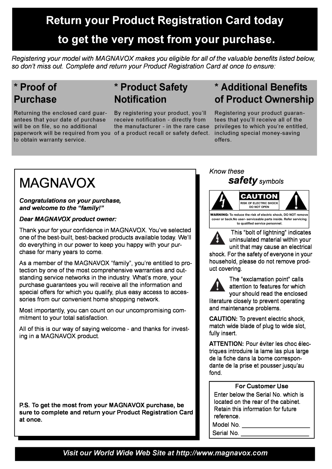 Magnavox 50ML8105D/17 Magnavox, Proof of, Product Safety, Additional Benefits, Purchase, Notification, For Customer Use 