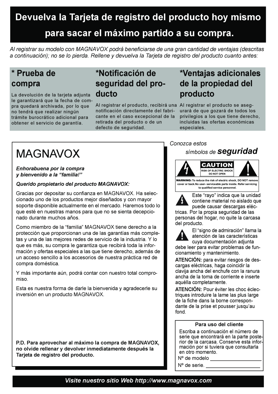 Magnavox 50ML8105D/17 Prueba de, Notificación de, Ventajas adicionales, compra, seguridad del pro, de la propiedad del 