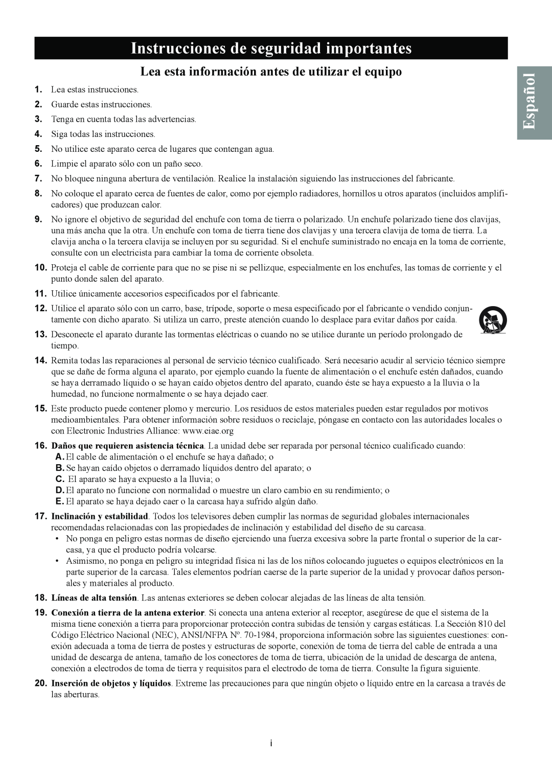 Magnavox 50ML8105D/17 Instrucciones de seguridad importantes, Español, Lea esta información antes de utilizar el equipo 