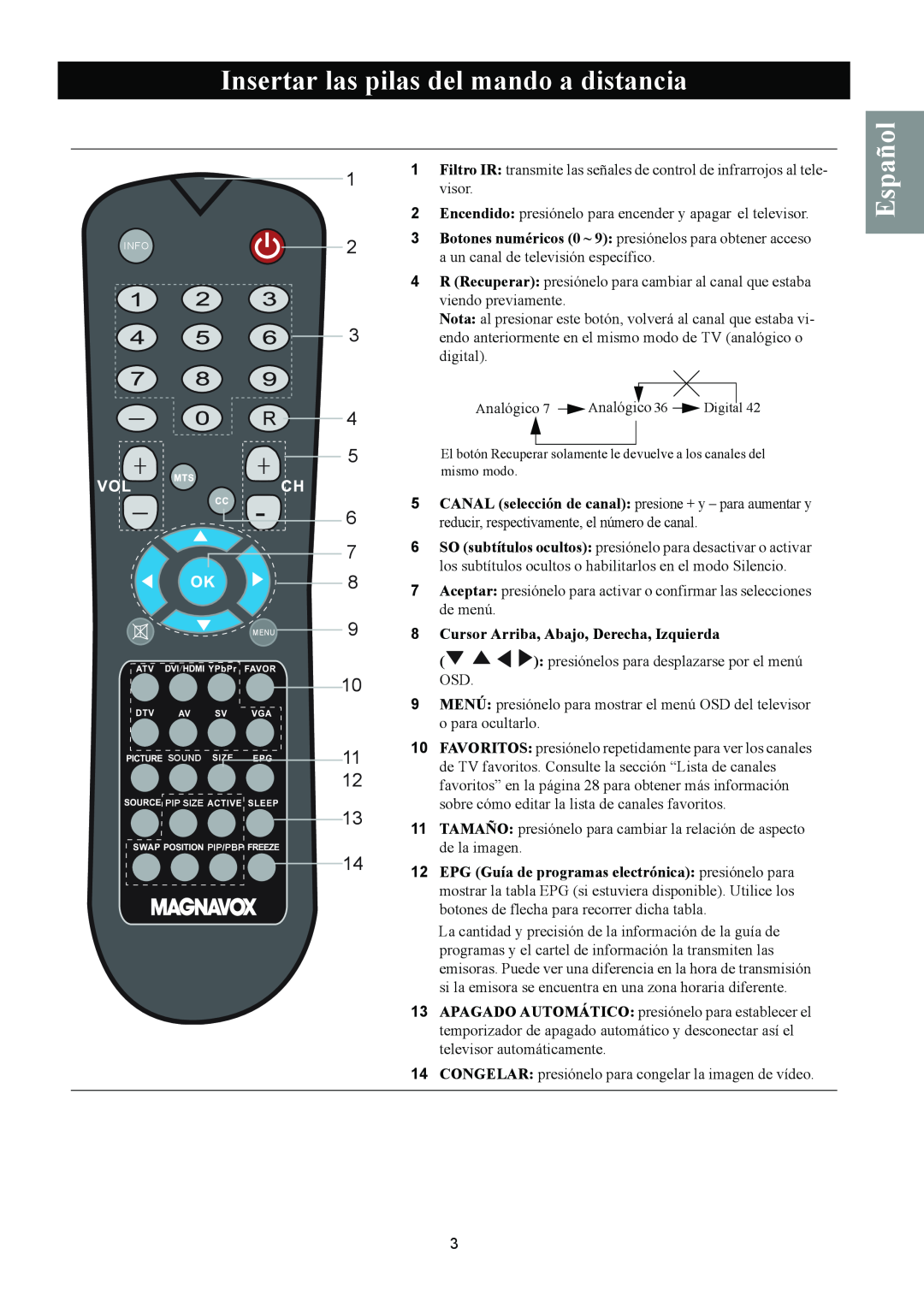 Magnavox 50ML8105D/17 Insertar las pilas del mando a distancia, Español, Cursor Arriba, Abajo, Derecha, Izquierda 