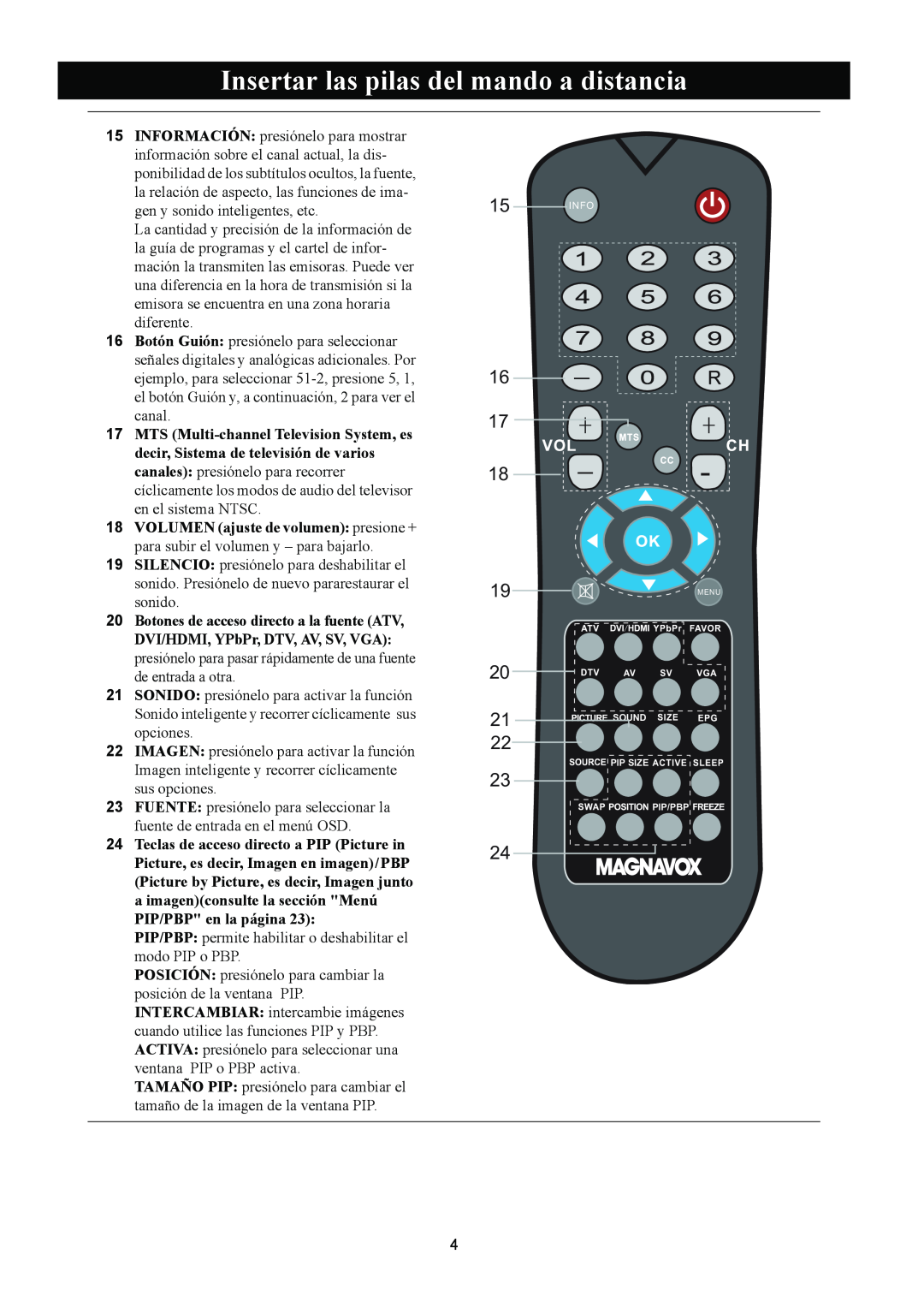 Magnavox 50ML8105D/17 Insertar las pilas del mando a distancia, PIP/PBP permite habilitar o deshabilitar el modo PIP o PBP 