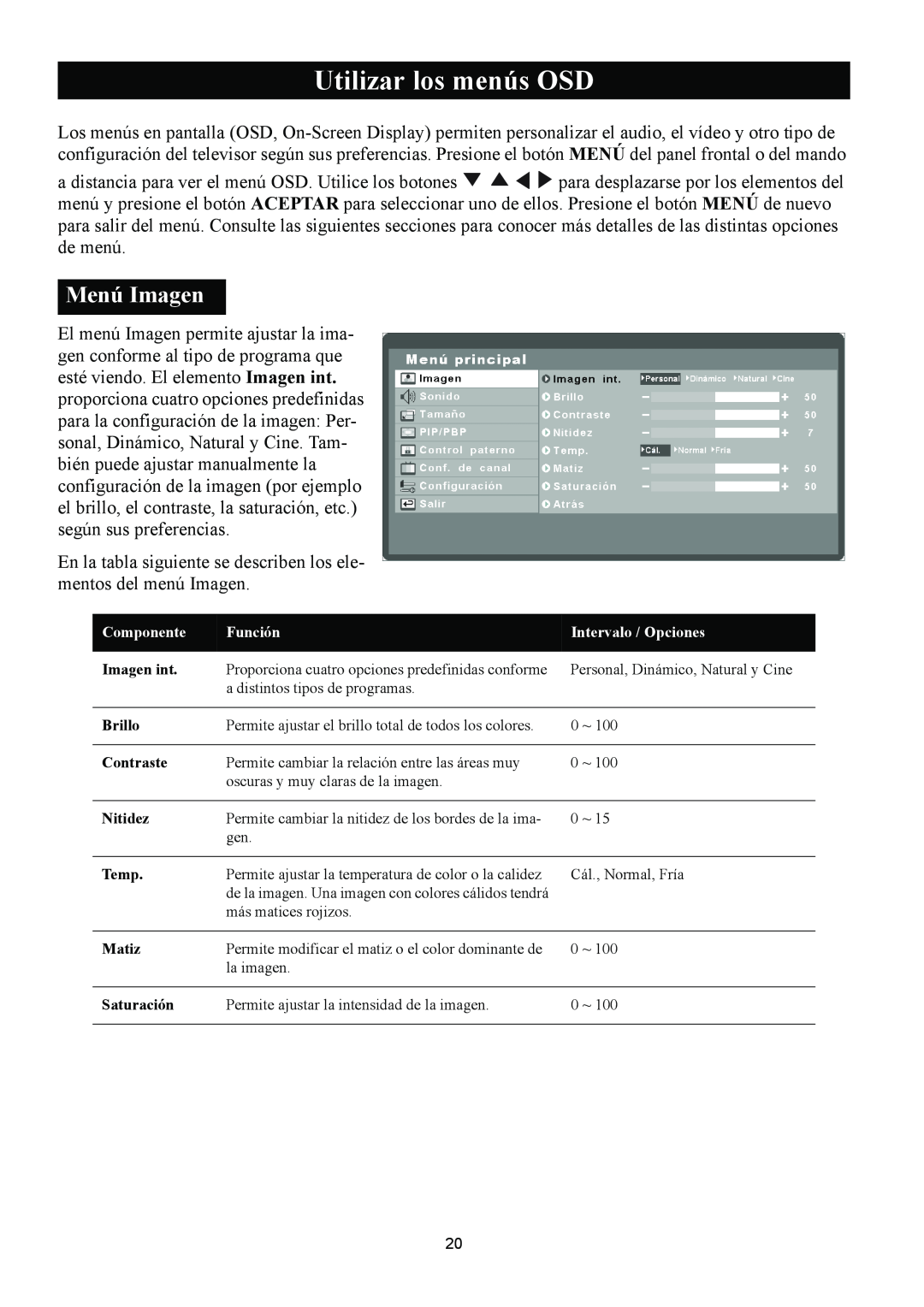Magnavox 50ML8105D/17 owner manual Utilizar los menús OSD, Menú Imagen 