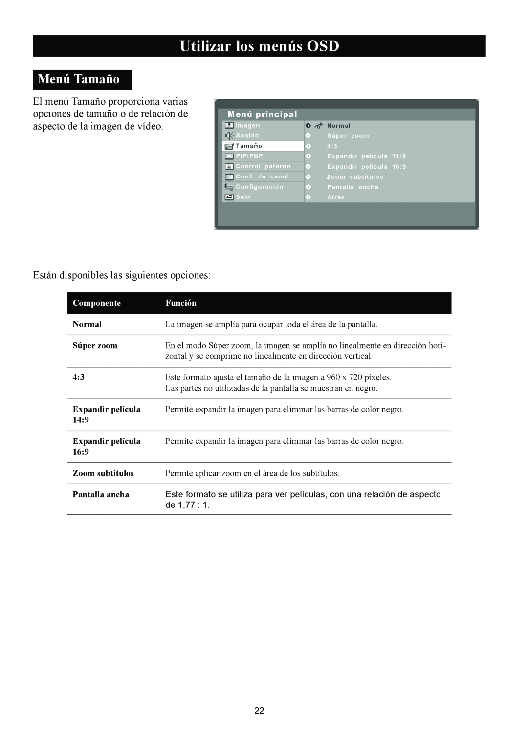 Magnavox 50ML8105D/17 Menú Tamaño, Utilizar los menús OSD, Están disponibles las siguientes opciones, Componente, Función 