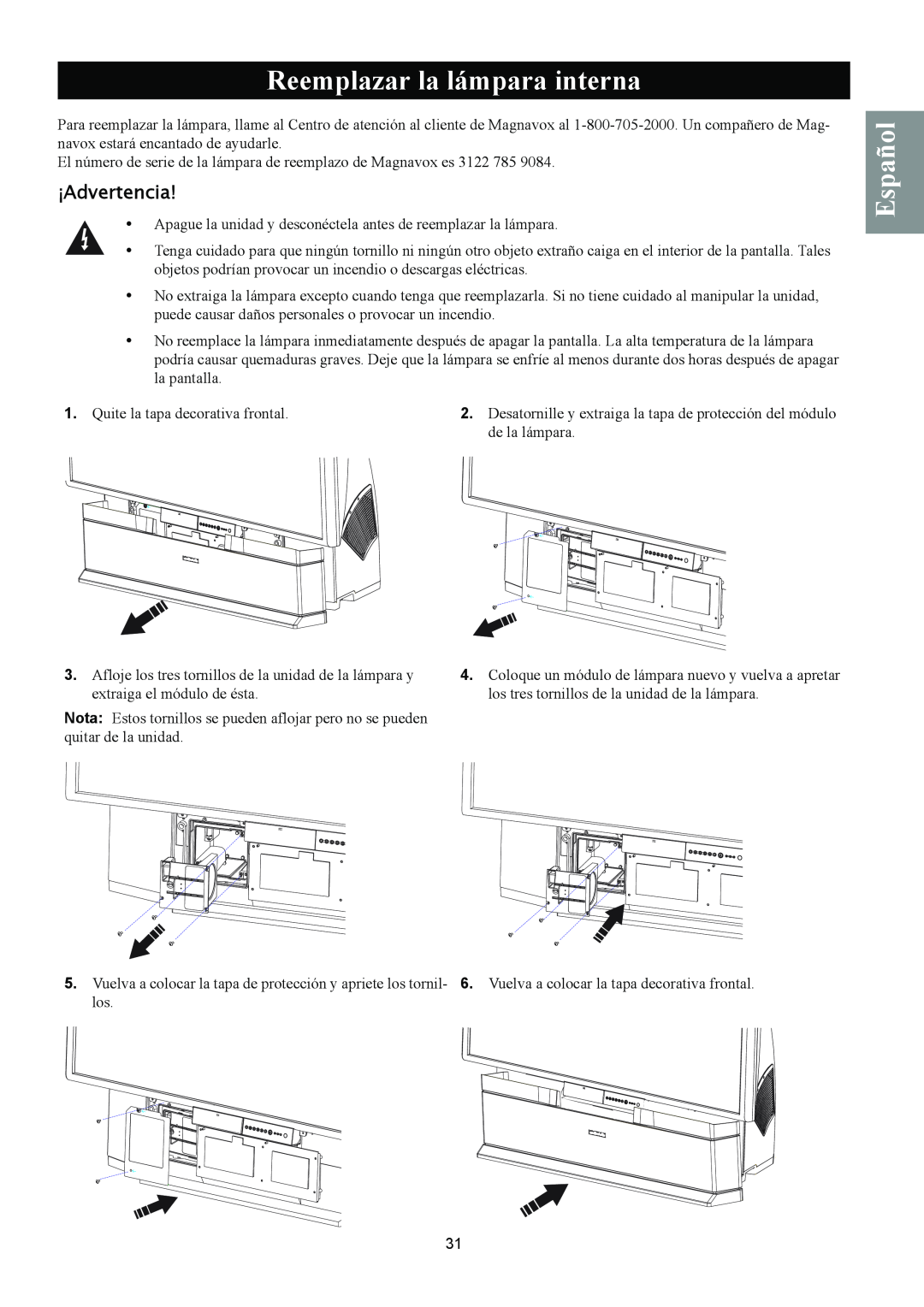 Magnavox 50ML8105D/17 owner manual Reemplazar la lámpara interna, Español, ¡Advertencia 