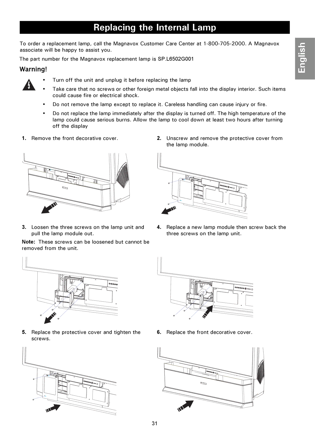 Magnavox 50ML8205D/17 manual Replacing the Internal Lamp 