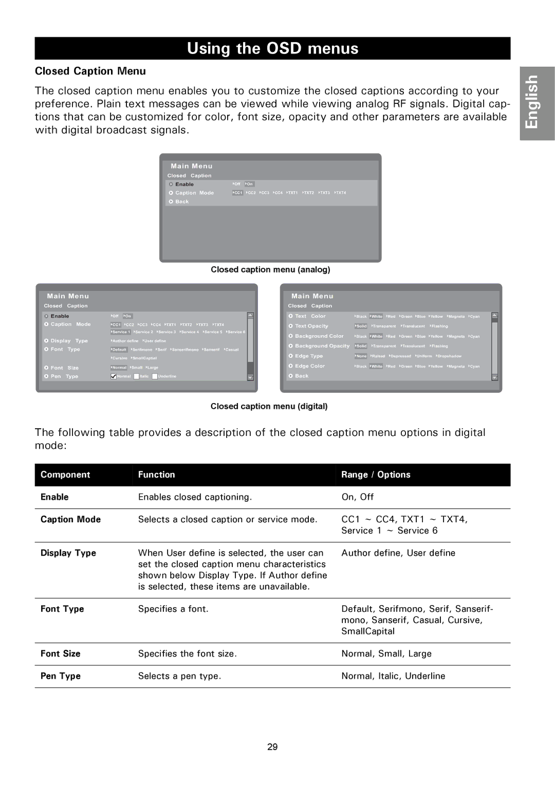 Magnavox 50ML8305D/17 manual Closed Caption Menu 