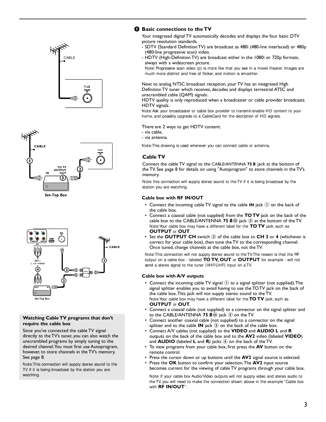 Magnavox 51MP6200D user manual Basic connections to the TV, Cable TV 