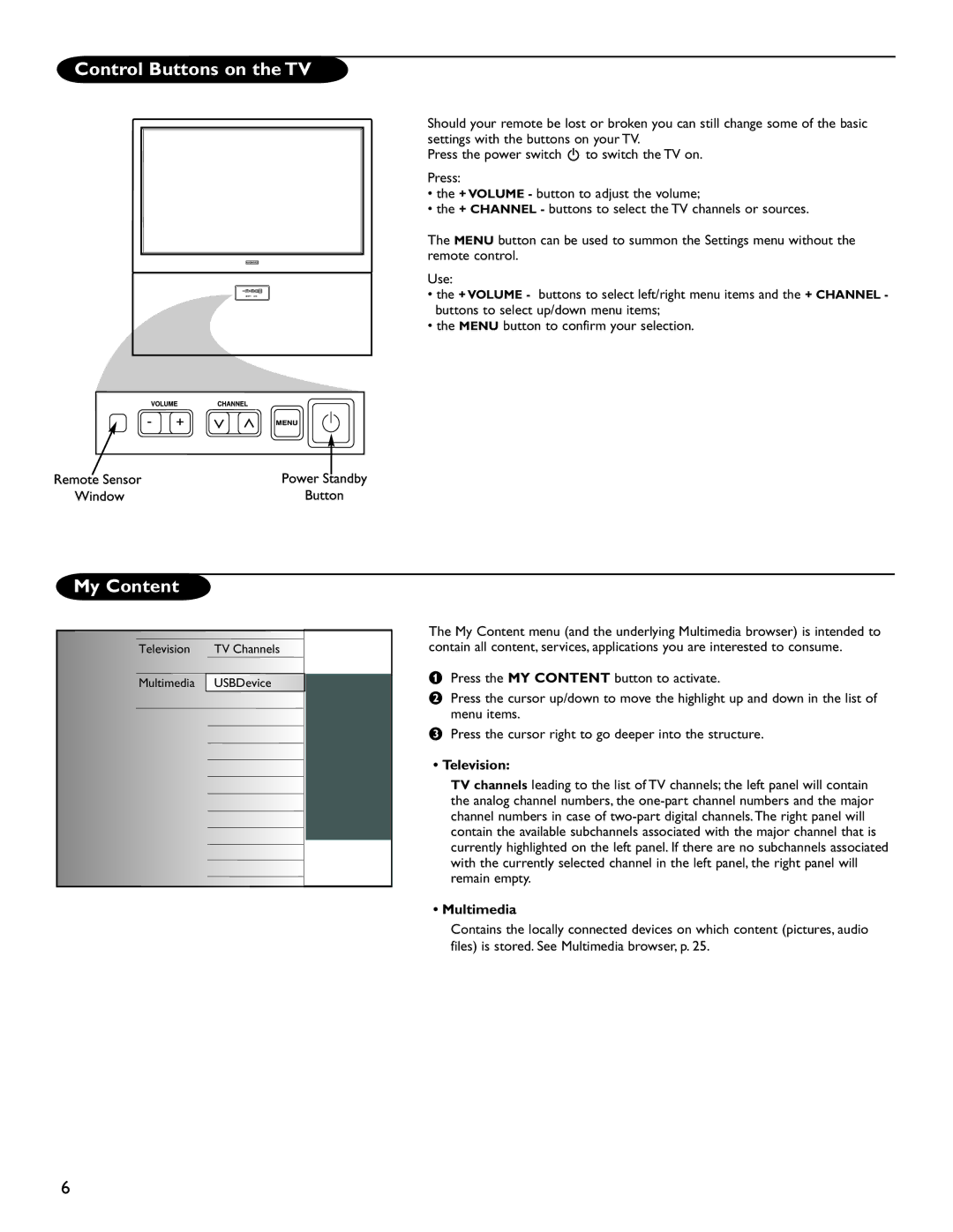 Magnavox 51MP6200D user manual Control Buttons on the TV, My Content, Television, Multimedia 