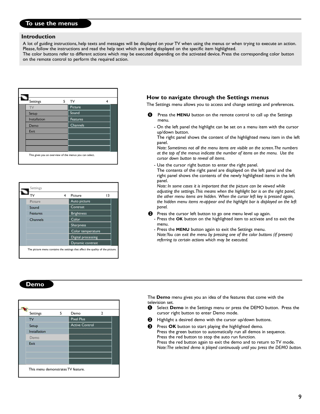 Magnavox 51MP6200D user manual To use the menus, Demo, Introduction, How to navigate through the Settings menus 