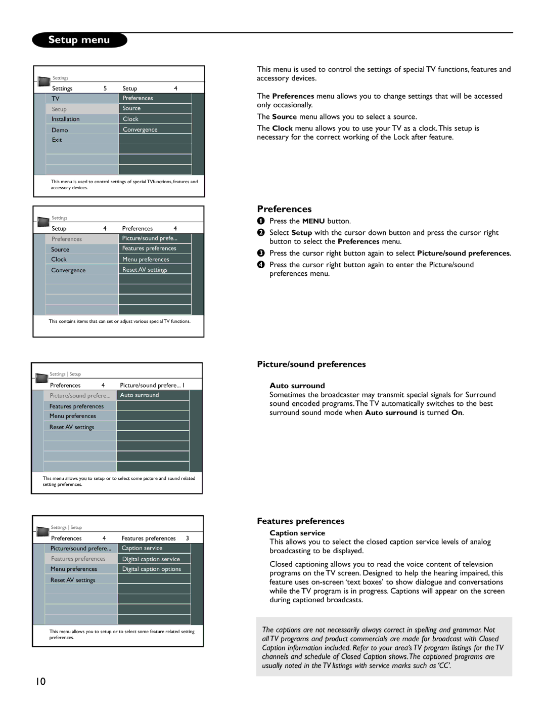 Magnavox 51MP6200D user manual Setup menu, Preferences, Picture/sound preferences, Features preferences, Auto surround 