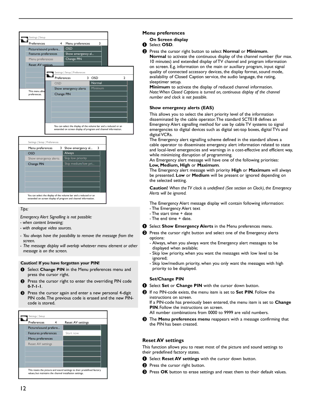 Magnavox 51MP6200D Menu preferences, Reset AV settings, On Screen display, Show emergency alerts EAS, Set/Change PIN 