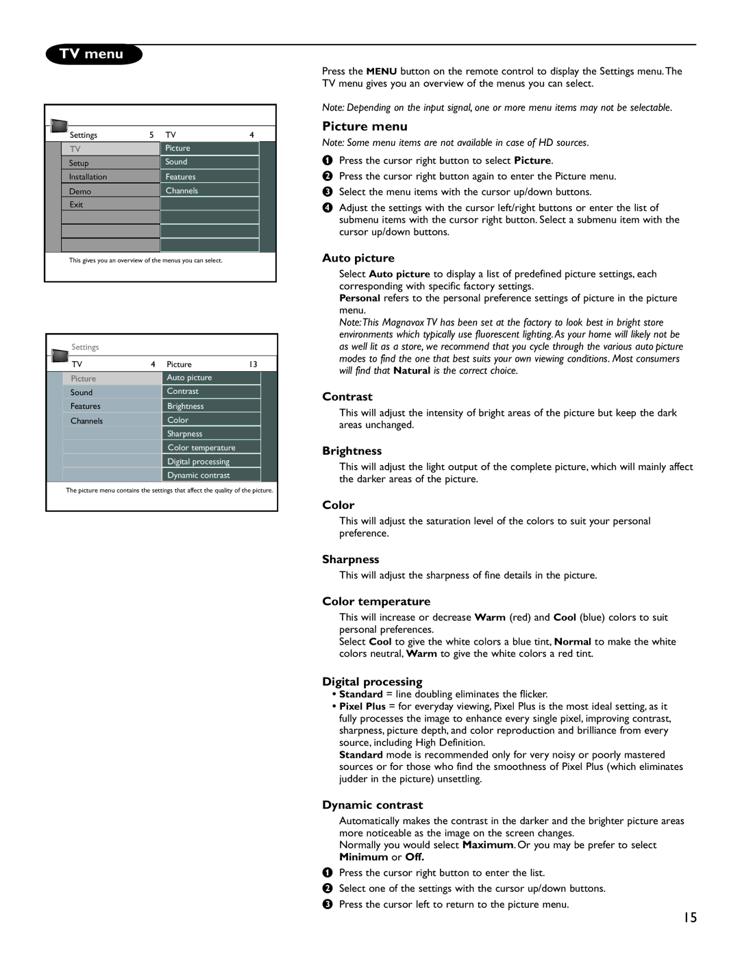 Magnavox 51MP6200D user manual TV menu, Picture menu 