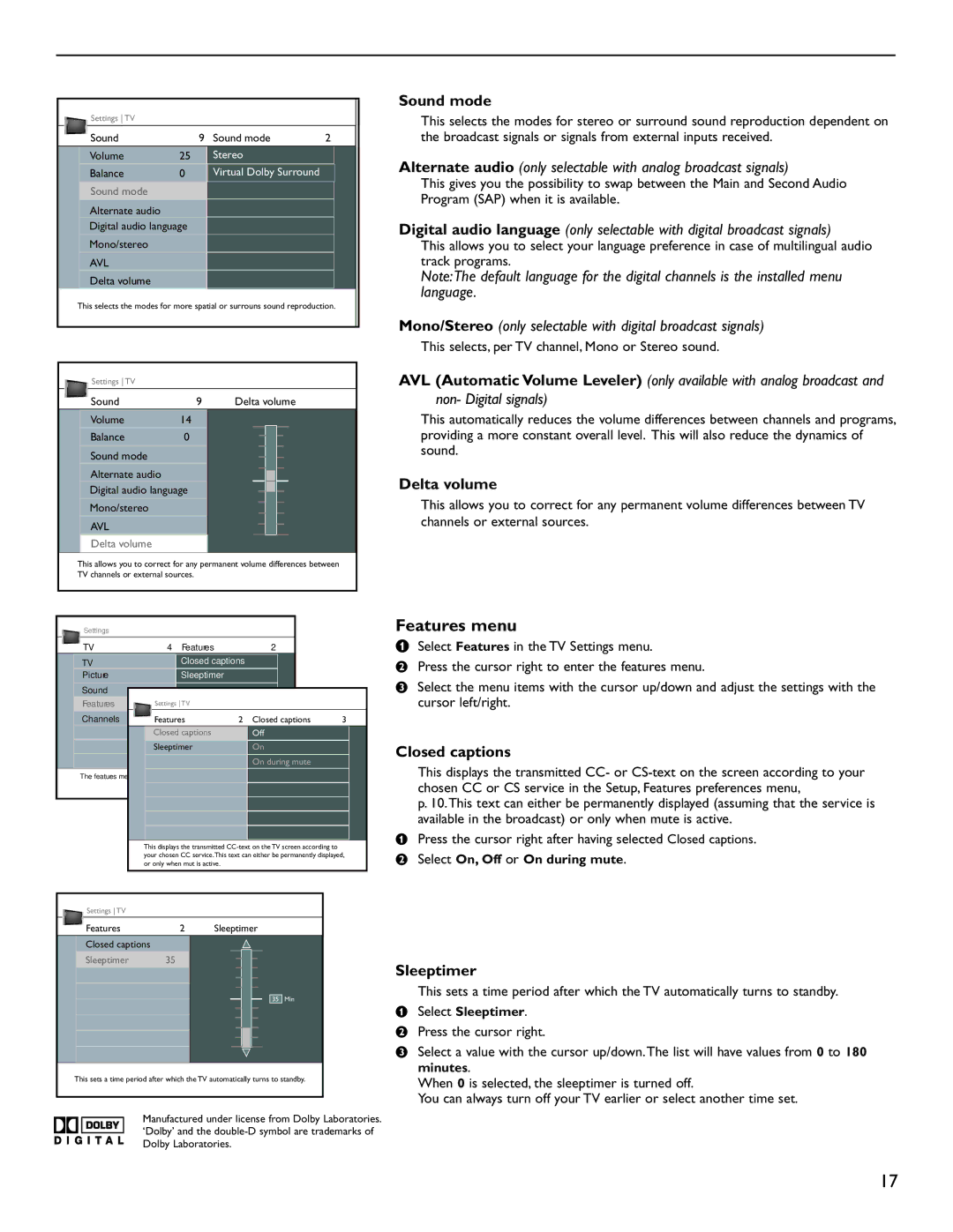 Magnavox 51MP6200D user manual Features menu, Sound mode, Delta volume, Closed captions, Sleeptimer 