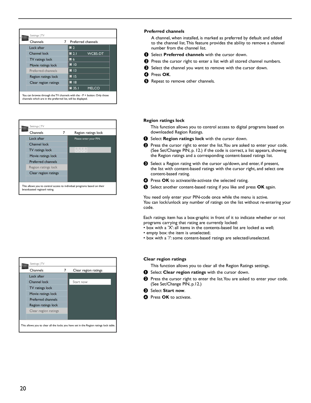 Magnavox 51MP6200D user manual Preferred channels, ‘ Press OK Repeat to remove other channels, Region ratings lock 