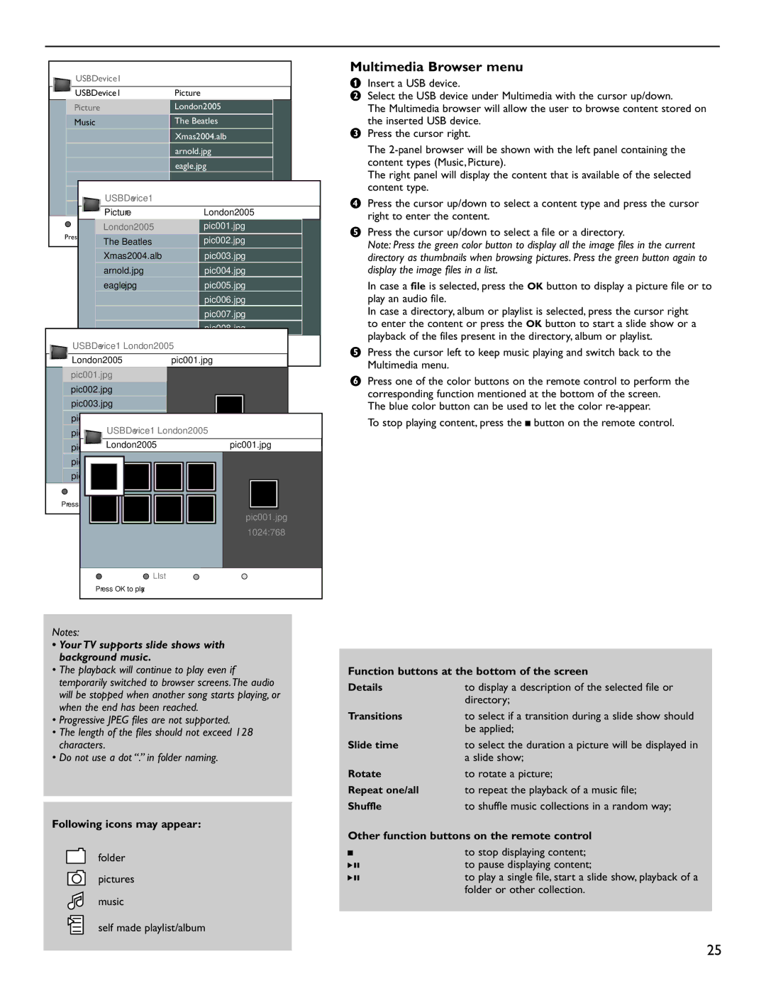 Magnavox 51MP6200D Multimedia Browser menu, Following icons may appear, Function buttons at the bottom of the screen 