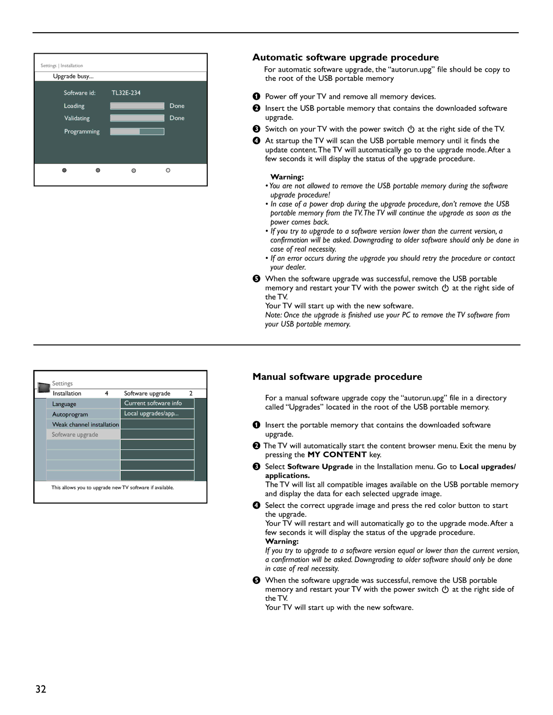 Magnavox 51MP6200D user manual Automatic software upgrade procedure, Manual software upgrade procedure 