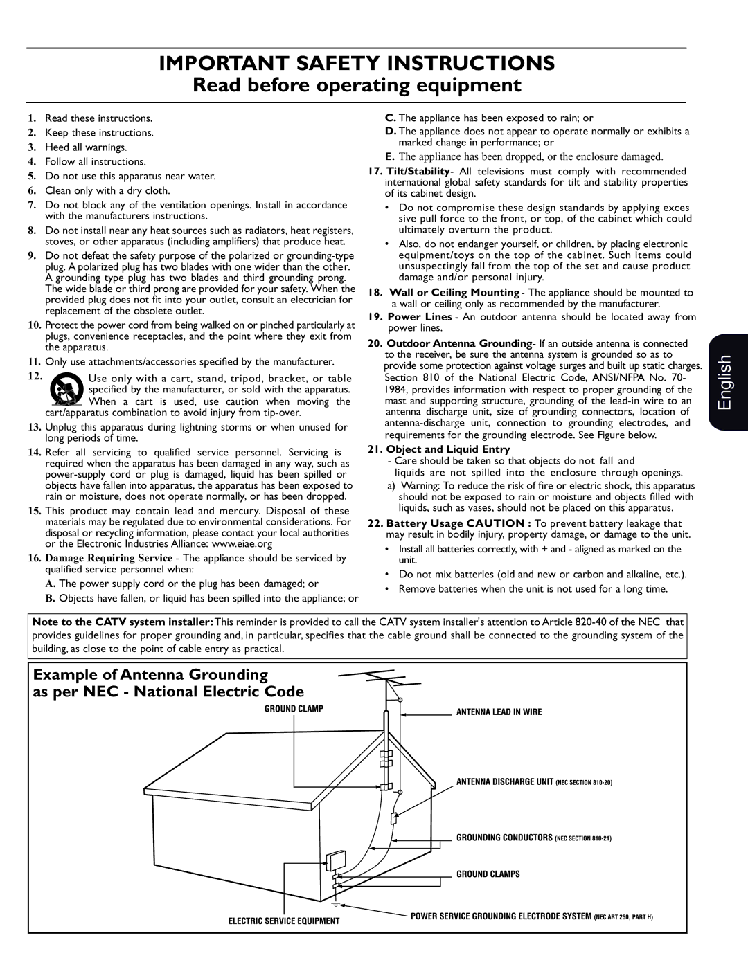 Magnavox 51MP6200D user manual Use only with a cart, stand, tripod, bracket, or table, Object and Liquid Entry 