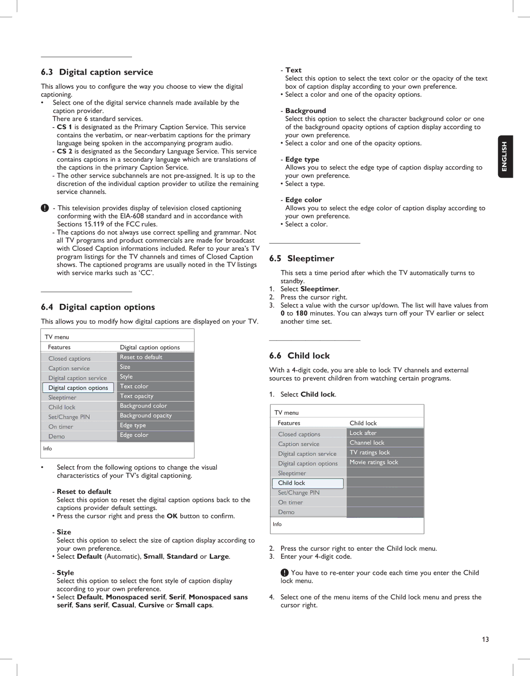 Magnavox 52MF437S manual Digital caption service, Digital caption options, Sleeptimer, Child lock 