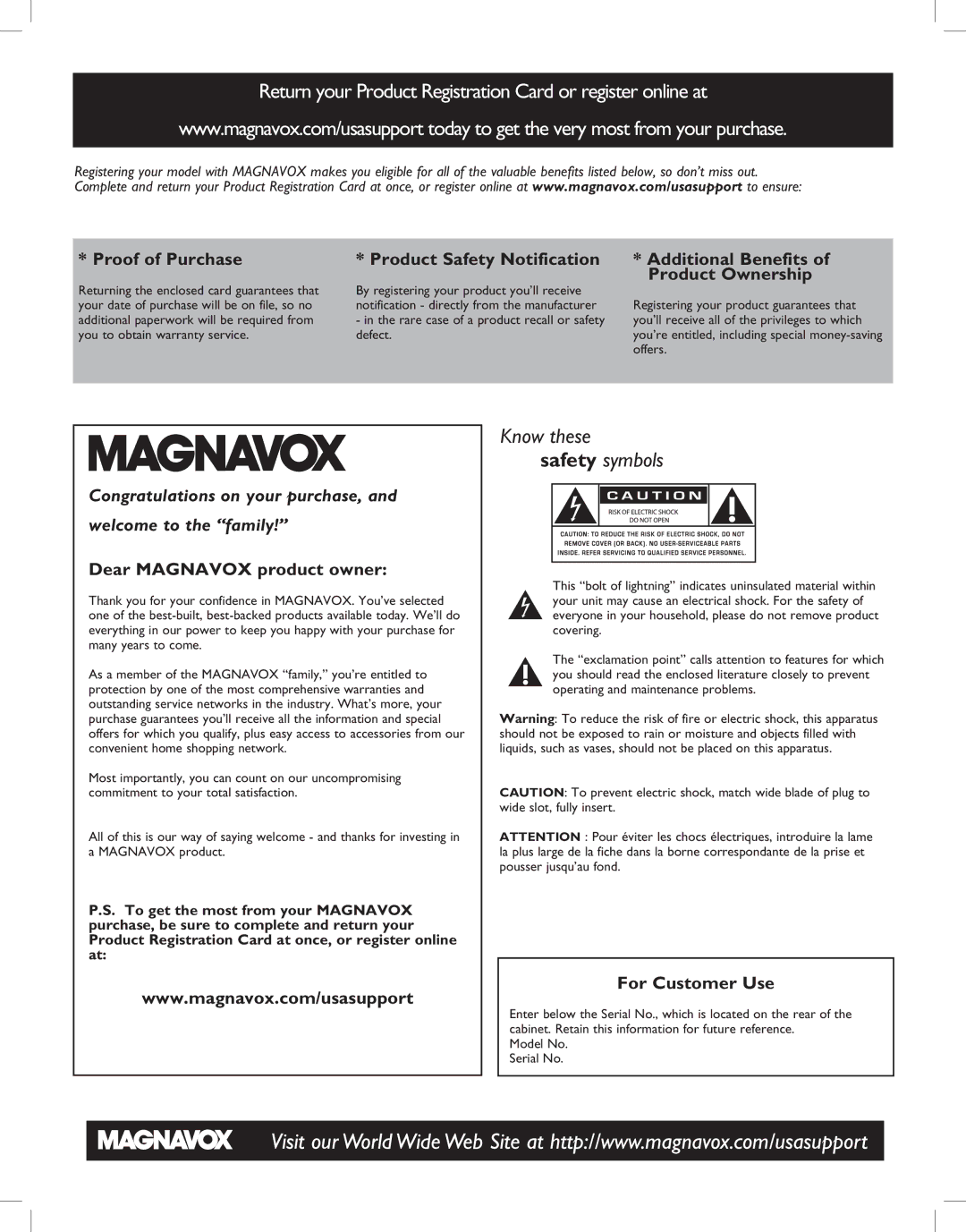 Magnavox 52MF437S manual Product Ownership, Dear Magnavox product owner, For Customer Use, Offers 