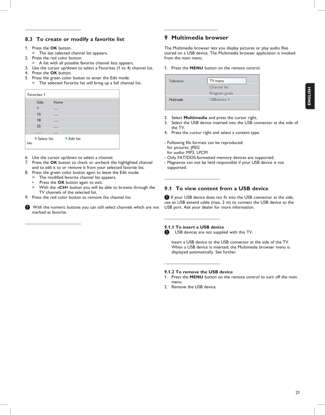 Magnavox 52MF437S manual Multimedia browser, To create or modify a favorite list, To view content from a USB device 