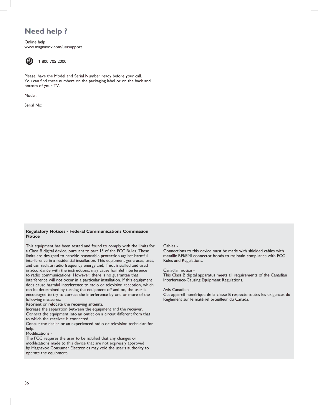 Magnavox 52MF437S manual Need help ?, Regulatory Notices Federal Communications Commission Notice 