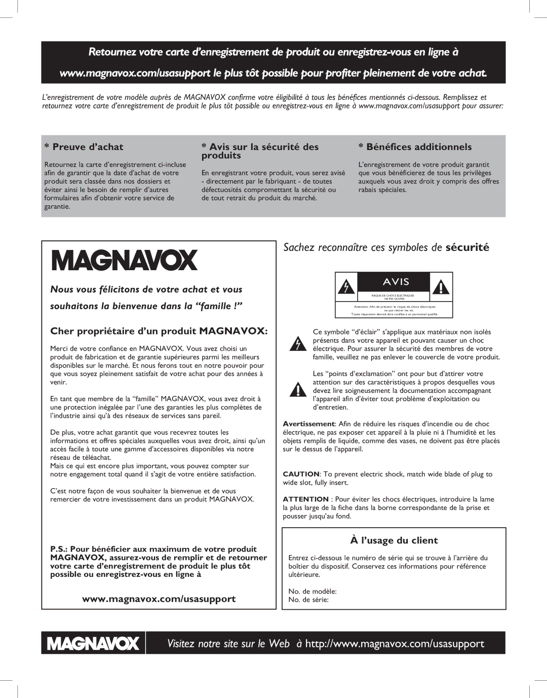 Magnavox 52MF437S manual Produits, Cher propriétaire d’un produit Magnavox, ’usage du client 