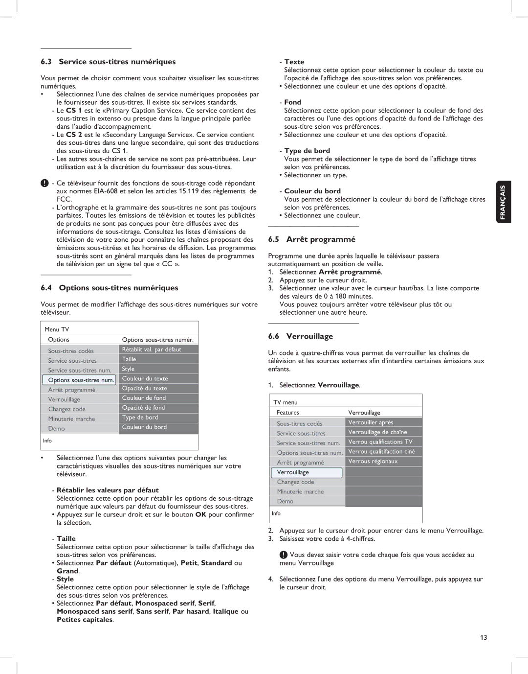 Magnavox 52MF437S manual Service sous-titres numériques, Options sous-titres numériques, Arrêt programmé, Verrouillage 