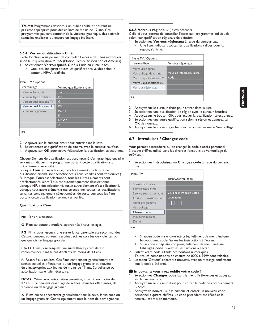 Magnavox 52MF437S manual Introduisez / Changez code, Verrou qualifications Ciné, Verrous régionaux le cas échéant 