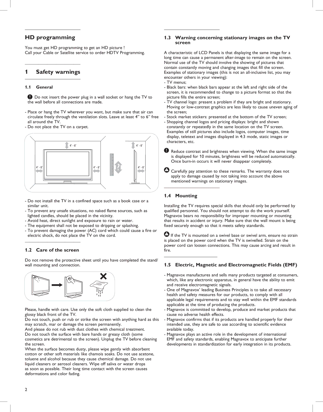 Magnavox 52MF437S manual HD programming, Safety warnings, Care of the screen, Mounting 