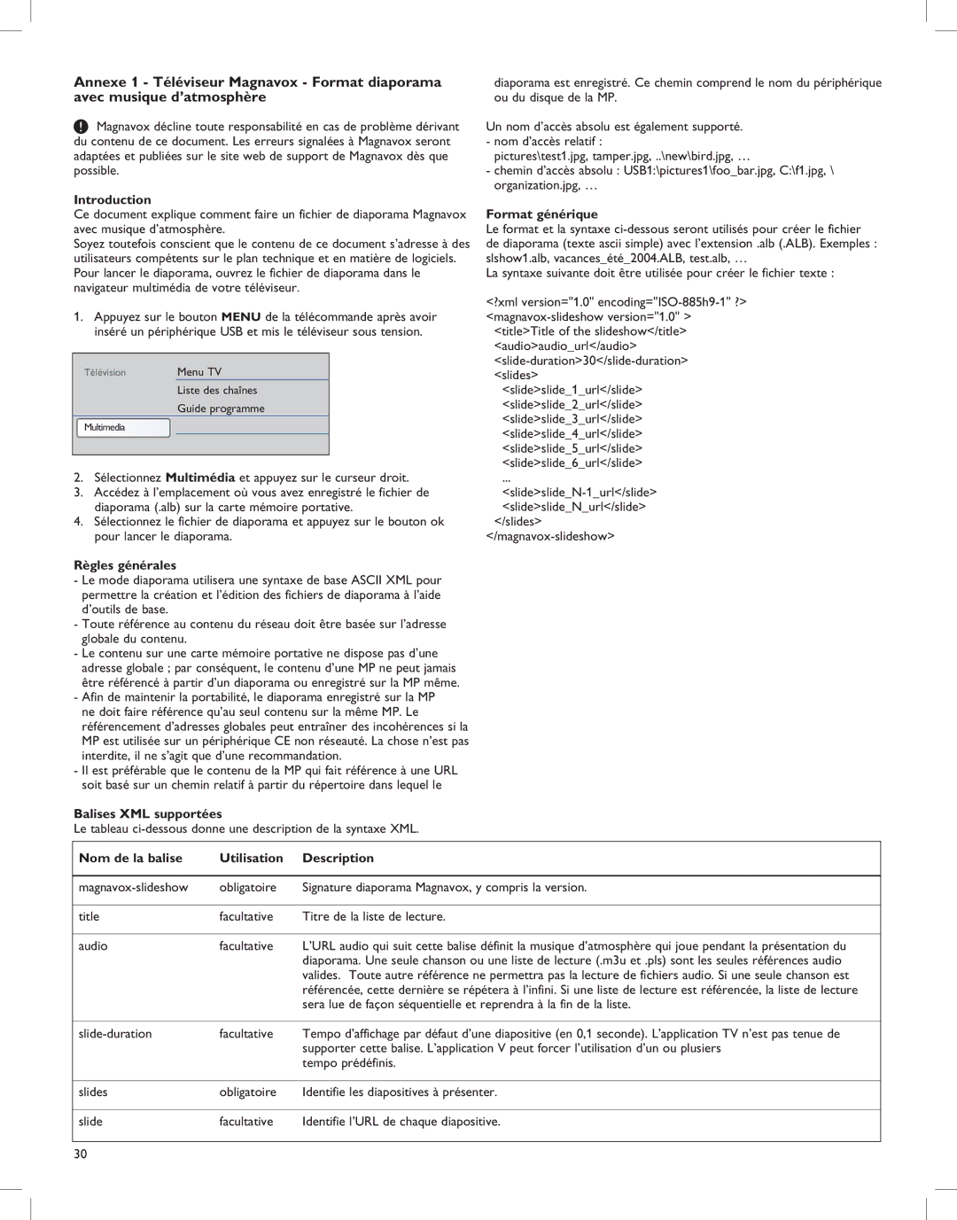 Magnavox 52MF437S manual Introduction, Règles générales, Balises XML supportées, Format générique 