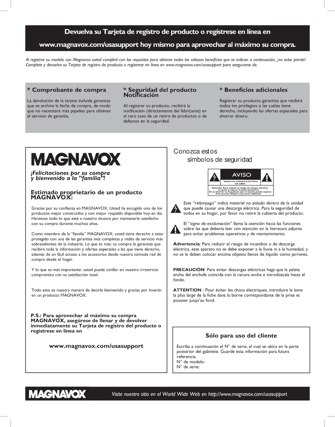 Magnavox 52MF437S manual Notificación, Estimado proprietario de un producto, Sólo para uso del cliente 