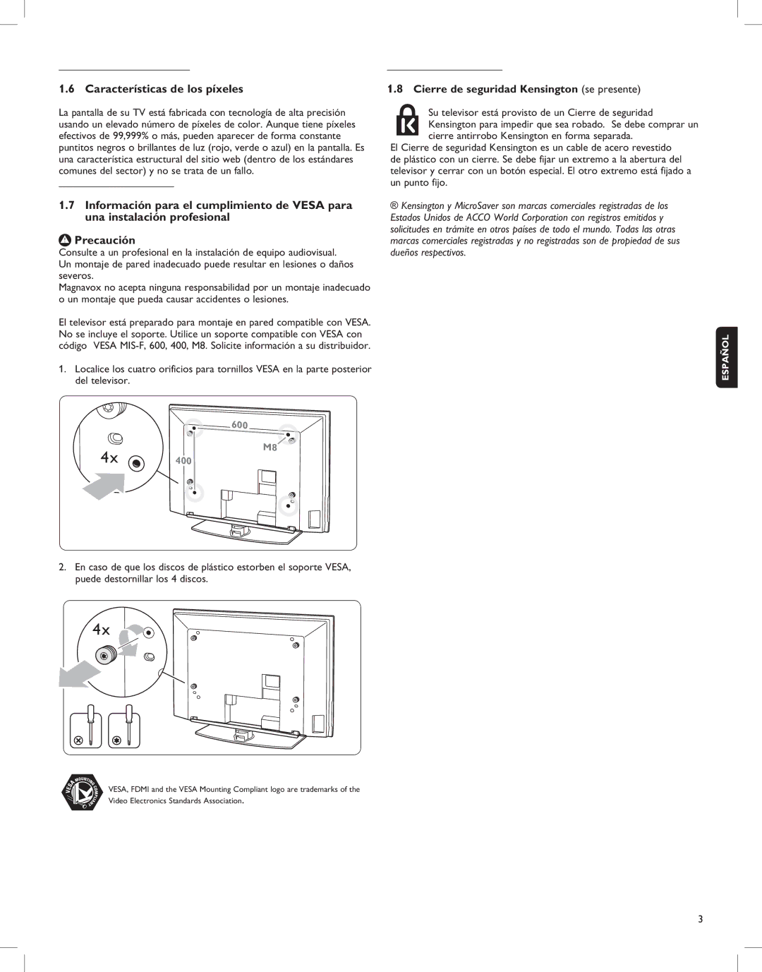 Magnavox 52MF437S manual Características de los píxeles, Cierre de seguridad Kensington se presente 