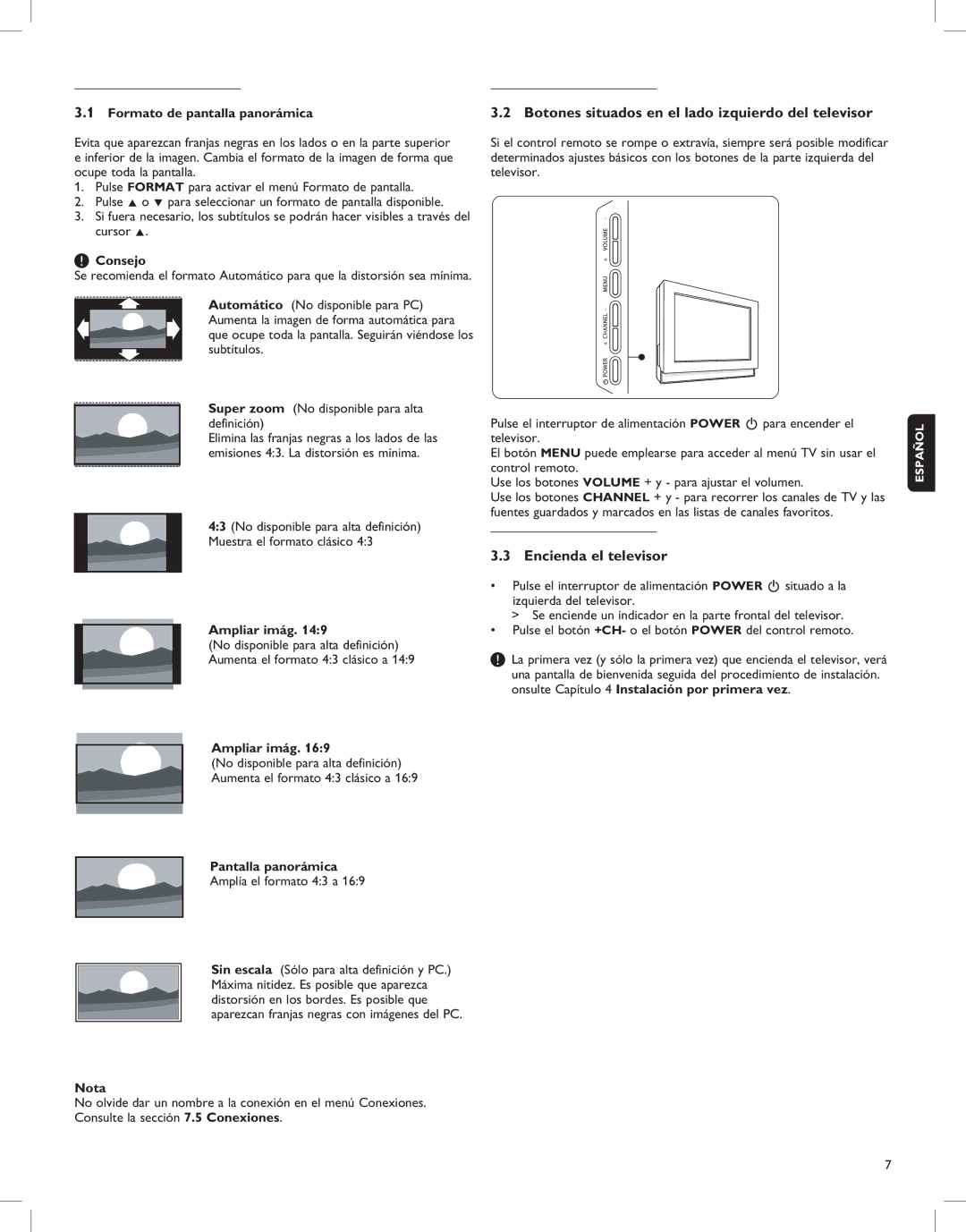 Magnavox 52MF437S manual Botones situados en el lado izquierdo del televisor, Encienda el televisor 