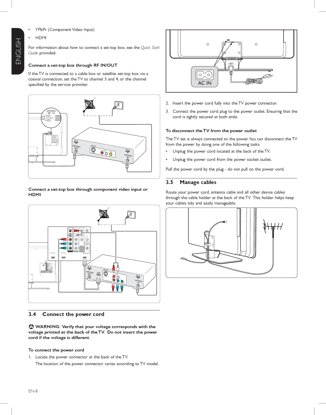 Magnavox 47MF438B, 52MF438B, 42MF438B user manual Manage cables, Connect the power cord 