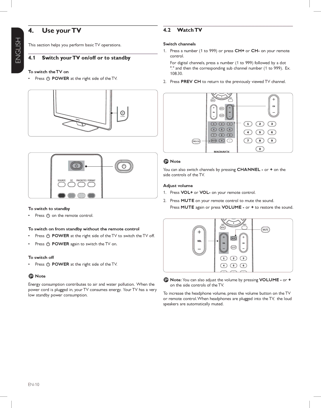 Magnavox 52MF438B, 47MF438B, 42MF438B user manual Use your TV, Switch your TV on/off or to standby, Watch TV 