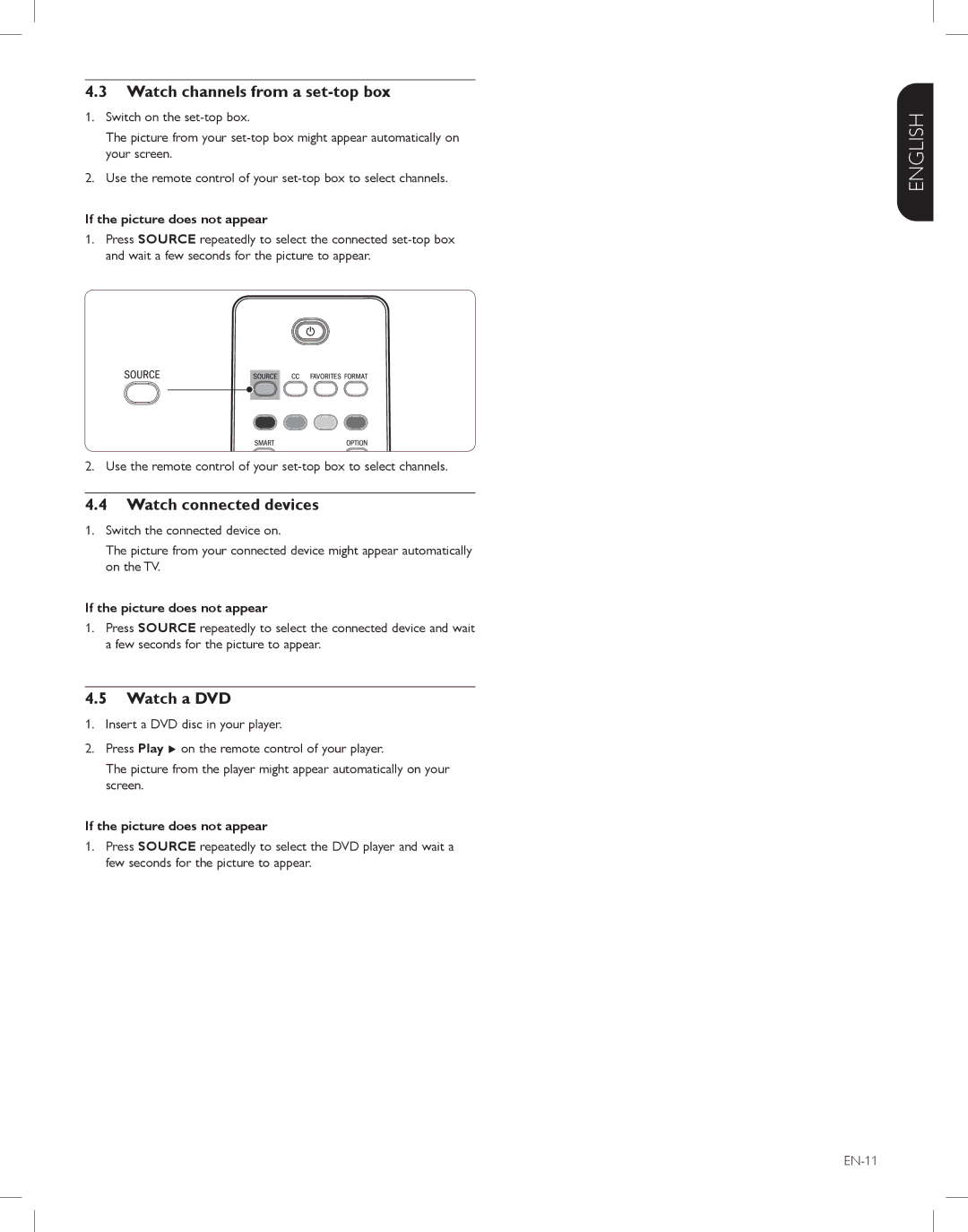 Magnavox 47MF438B Watch channels from a set-top box, Watch connected devices, Watch a DVD, If the picture does not appear 