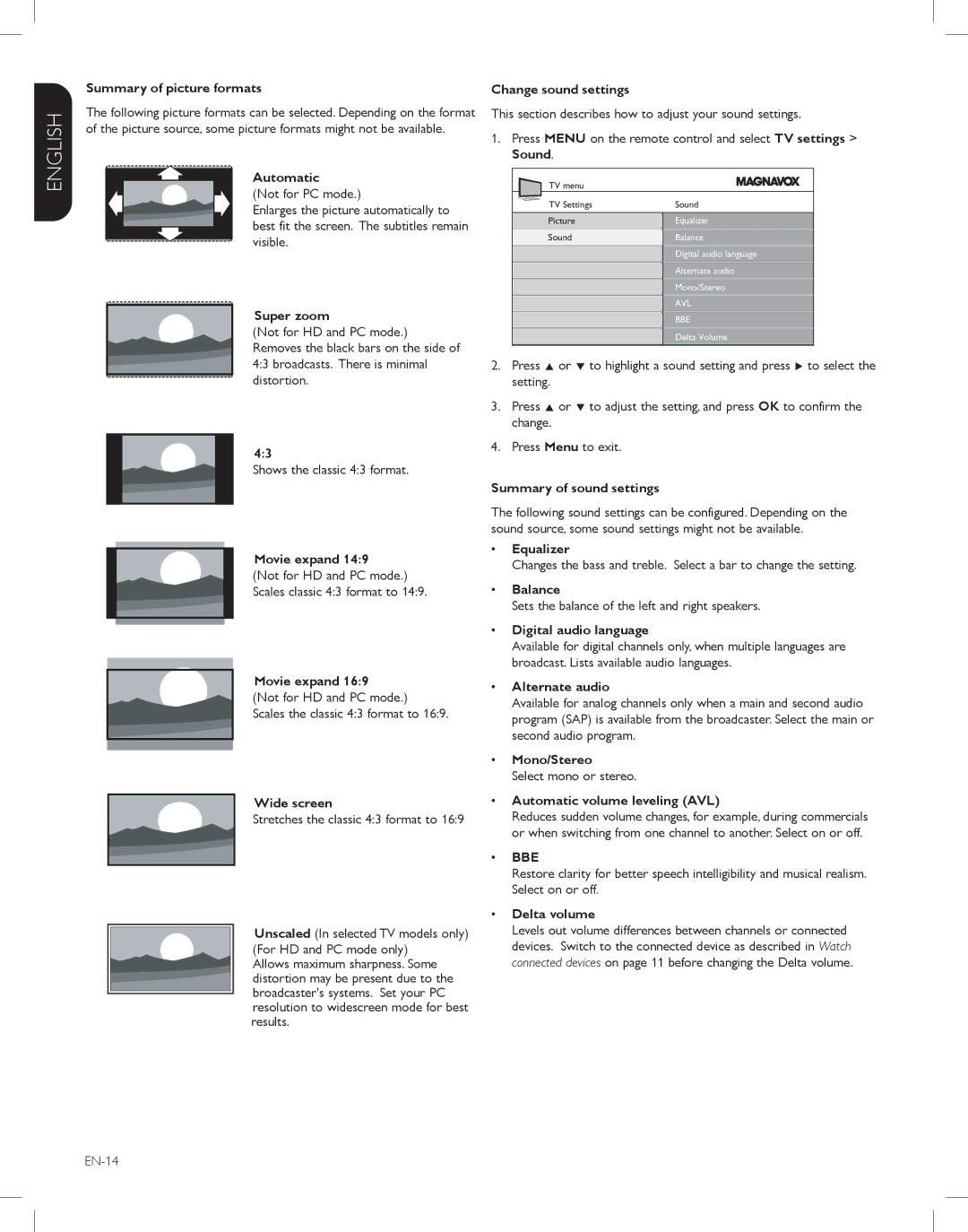 Magnavox 47MF438B Summary of picture formats, Automatic, Super zoom, Movie expand, Wide screen, Change sound settings 