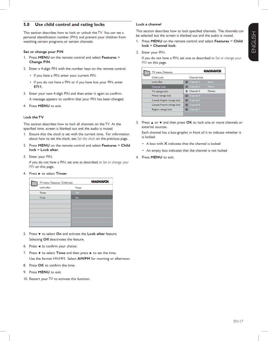 Magnavox 47MF438B, 52MF438B Use child control and rating locks, Set or change your PIN, Lock the TV, Lock a channel 