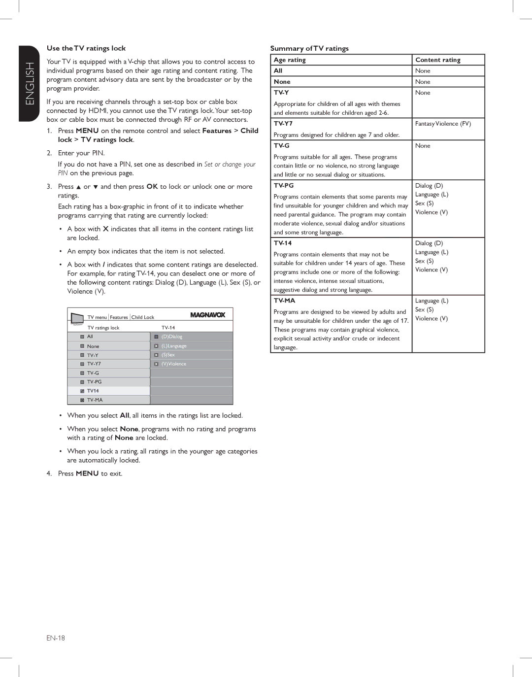 Magnavox 42MF438B, 52MF438B, 47MF438B user manual Use the TV ratings lock, Summary of TV ratings 