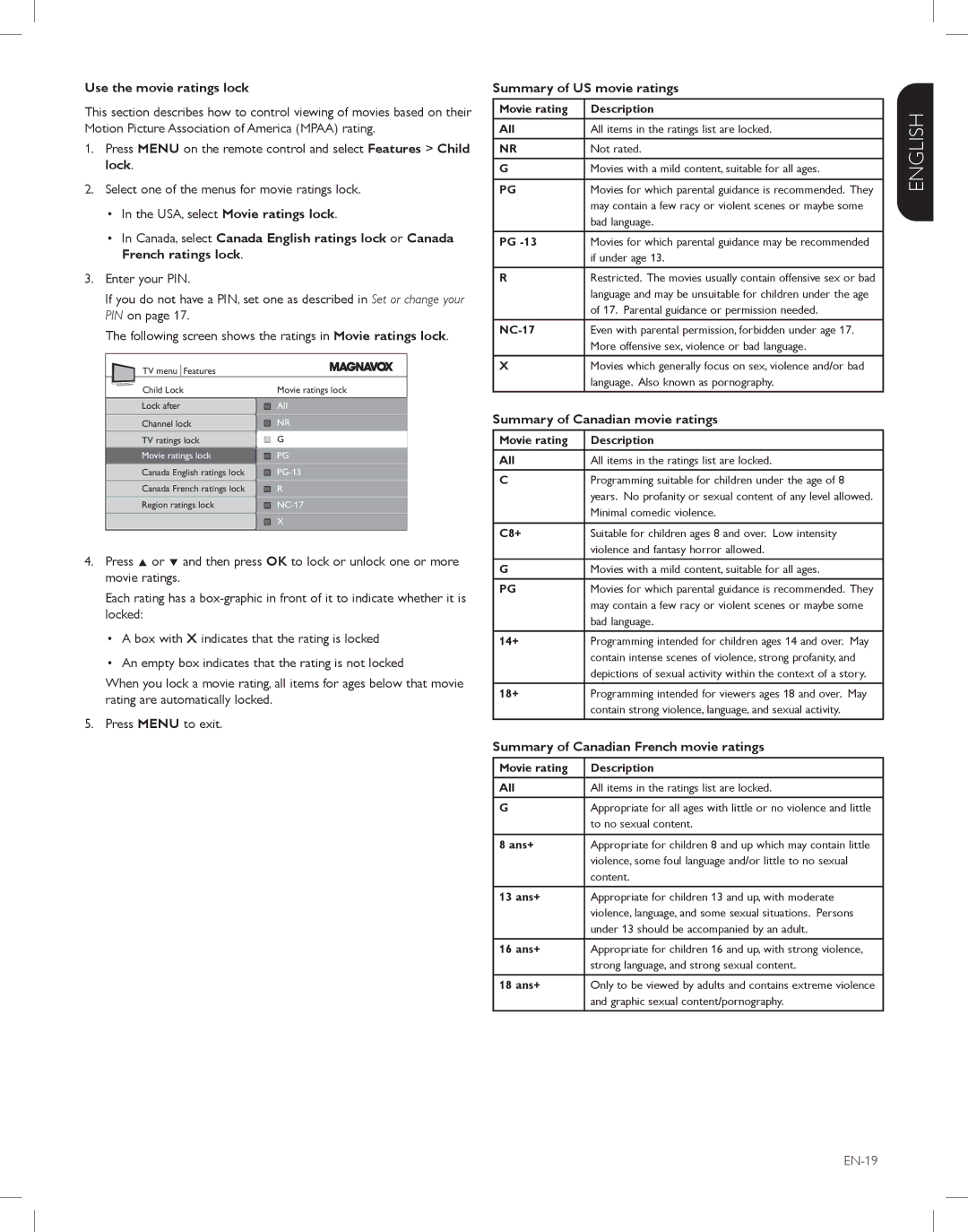 Magnavox 52MF438B, 47MF438B Use the movie ratings lock, Summary of US movie ratings, Summary of Canadian movie ratings 