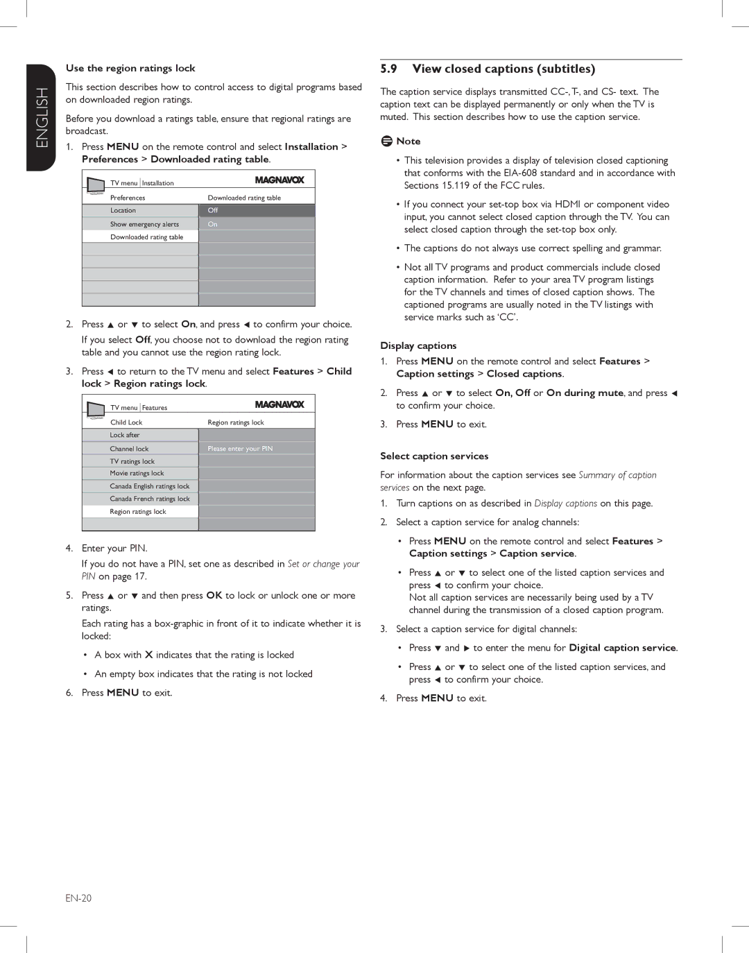 Magnavox 47MF438B View closed captions subtitles, Use the region ratings lock, Display captions, Select caption services 